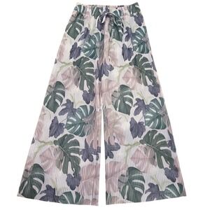 Island Crew Hawaii Womens Plisse Wide Leg Pants Tropical Monstera Leaf Green SM